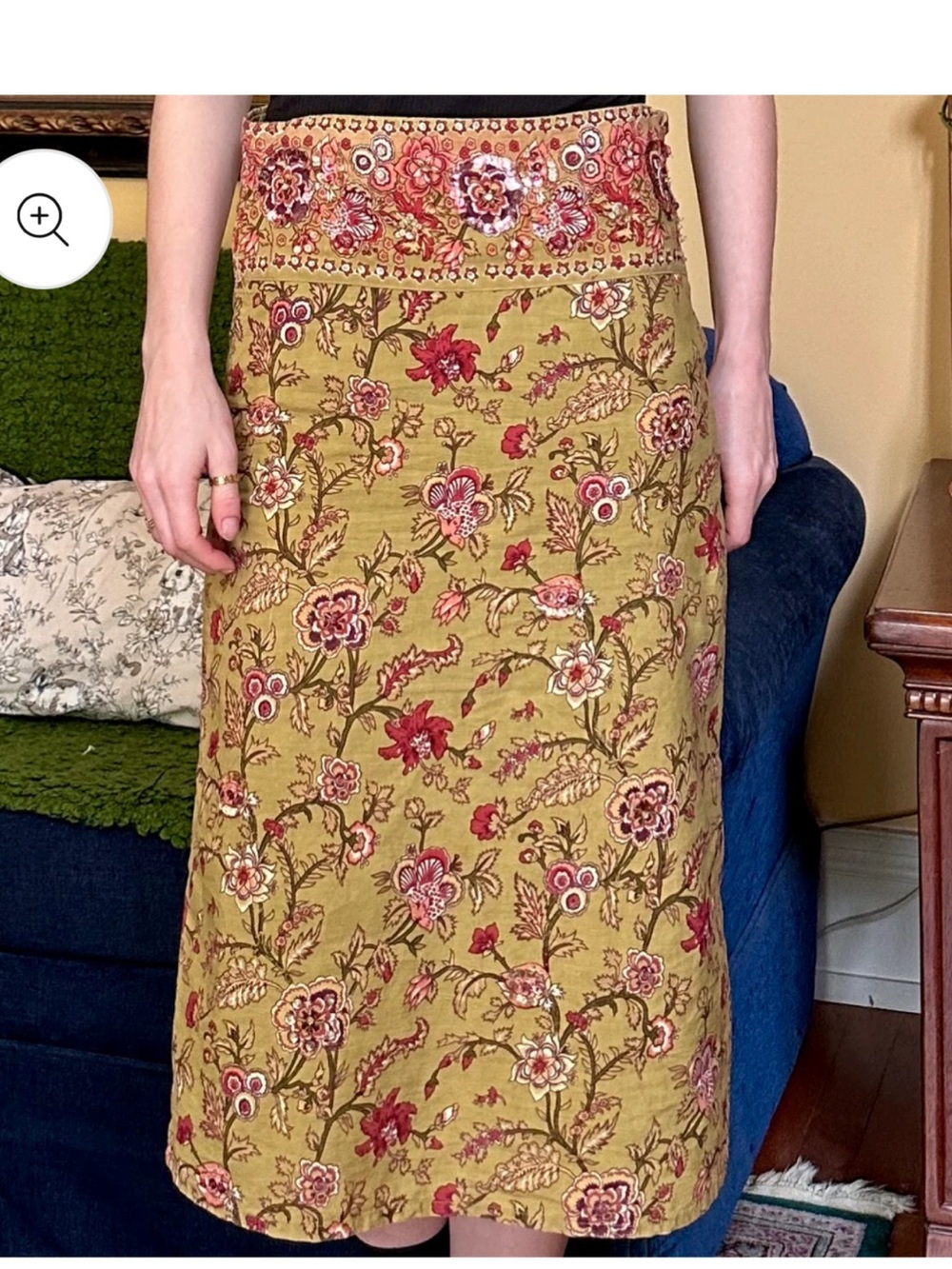 Chaudry KC Sample Embellished Floral Midi Skirt Olive Pink Beaded Boho Small NWT